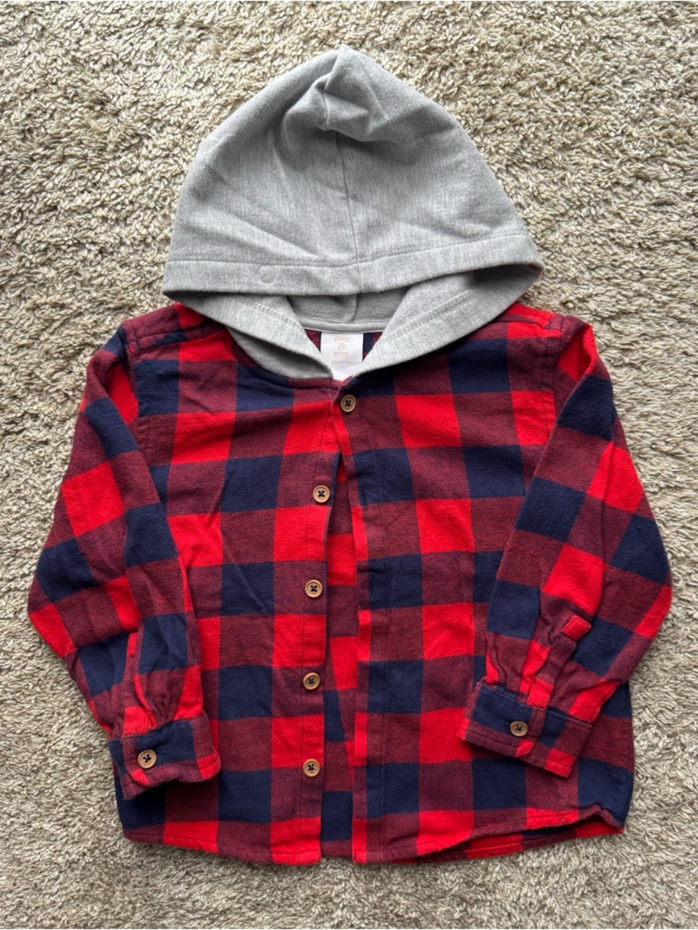 2T Ever & Ever Red Navy Buffalo Plaid Hooded Flannel Shirt